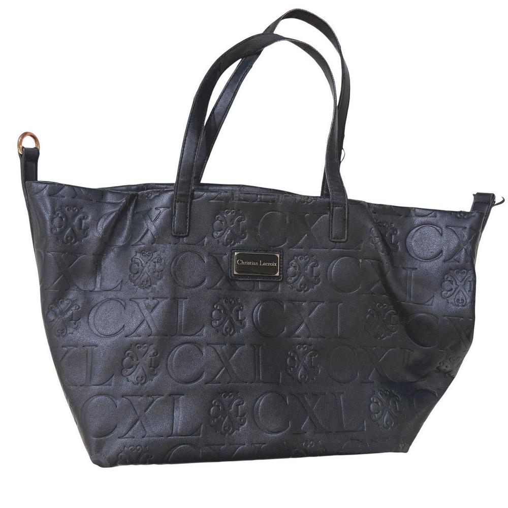 Christian Lacroix Y2K Purse Embossed Logo Black Tote Shoulder Bag Dark Academia
